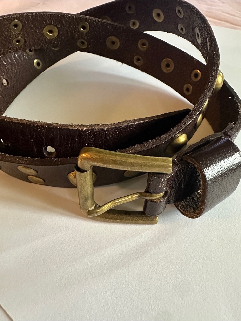 Brown Studded Leather Belt with Brass Buckle
Size Small
